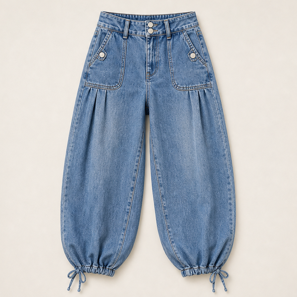 Barrelune – High Waisted Stretch Barrel Jeans with Tie Ankle Hem + 50% OFF Light Wash Blue