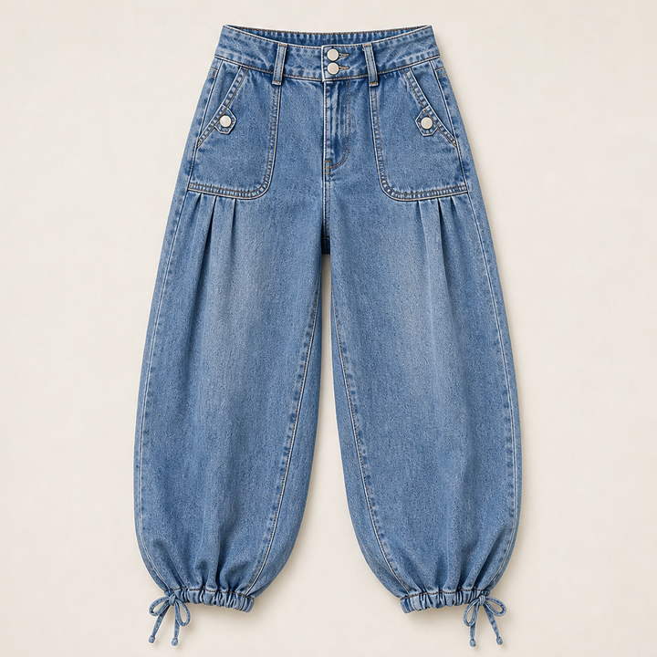 Barrelune – High Waisted Stretch Barrel Jeans with Tie Ankle Hem + 50% OFF Light Wash Blue