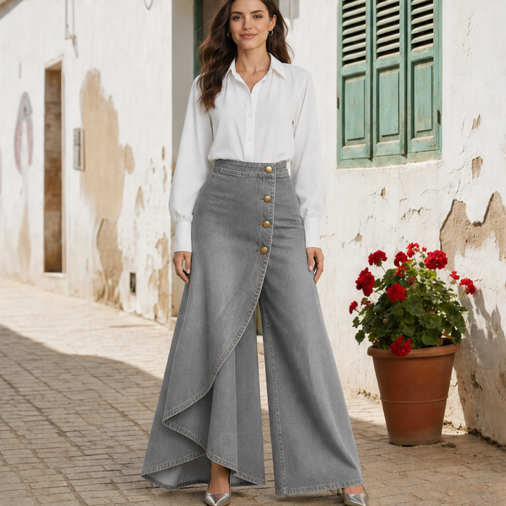 Marlowick – Asymmetrical Wrap-Front High-Waist Wide-Leg Jeans + 50% OFF Grey