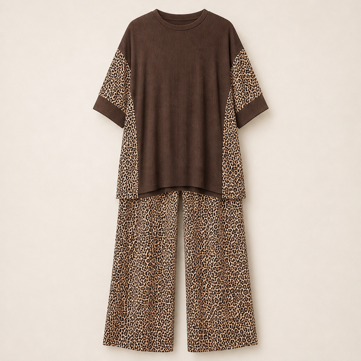 Fauxpelle – Oversized Tunic &amp; Wide-Leg Pants Leopard Two-Piece Set + 50% OFF Brown