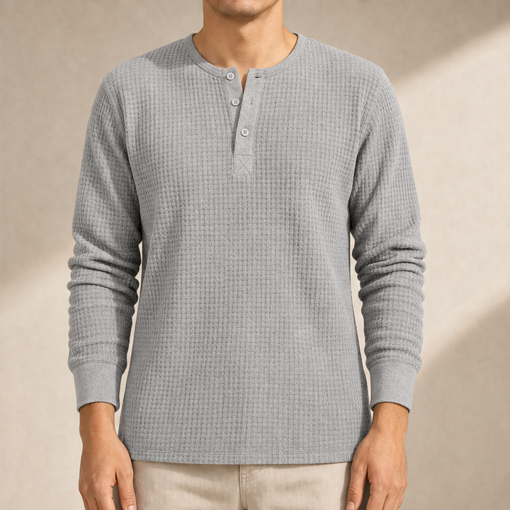 Ashcroft Mill – Waffle Knit Long Sleeve Henley Shirt + 50% OFF Heather Grey