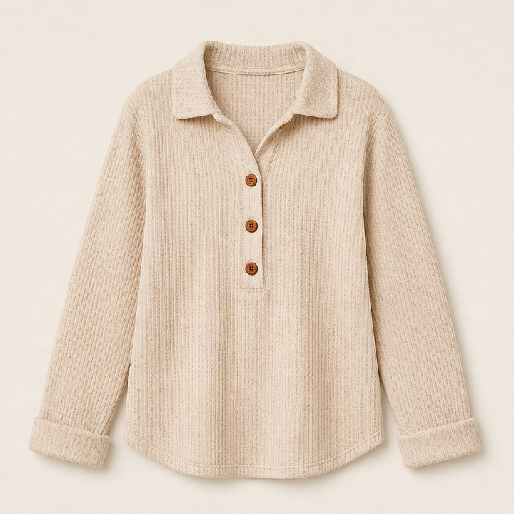 Cozeloom – Waffle Knit Long Sleeve Henley Top + 50% OFF Beige