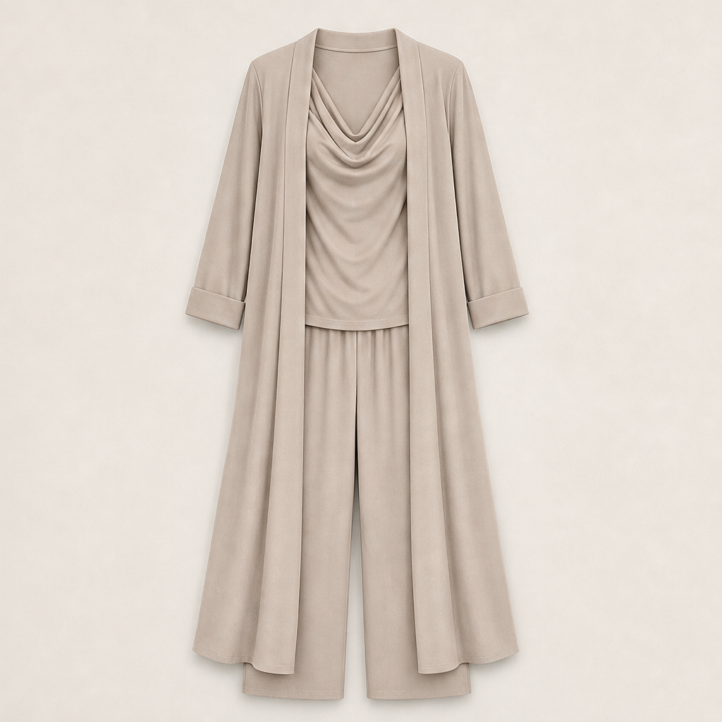 Cowlden – Draped Cowl Top, Wide-Leg Pants &amp; Long Cardigan 3-Piece Set + 50% OFF Beige