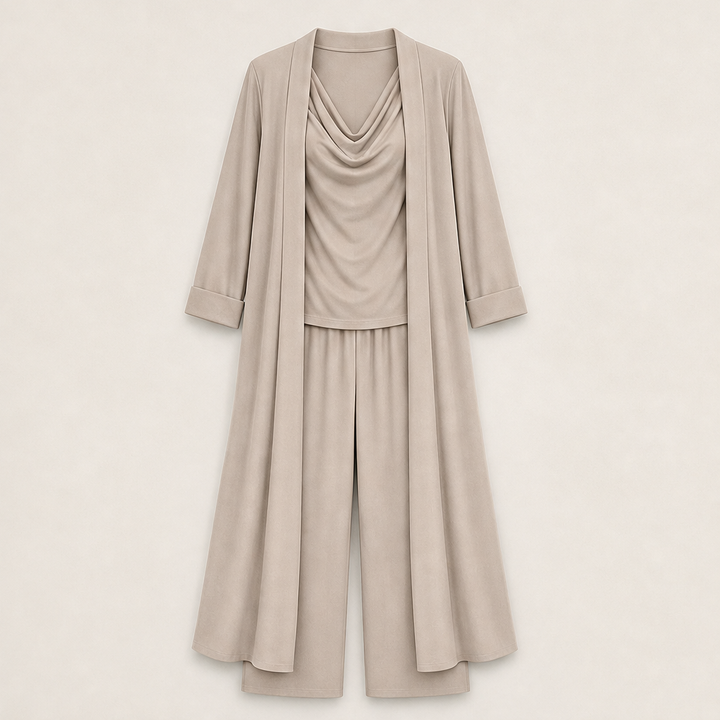 Cowlden – Draped Cowl Top, Wide-Leg Pants &amp; Long Cardigan 3-Piece Set + 50% OFF Beige