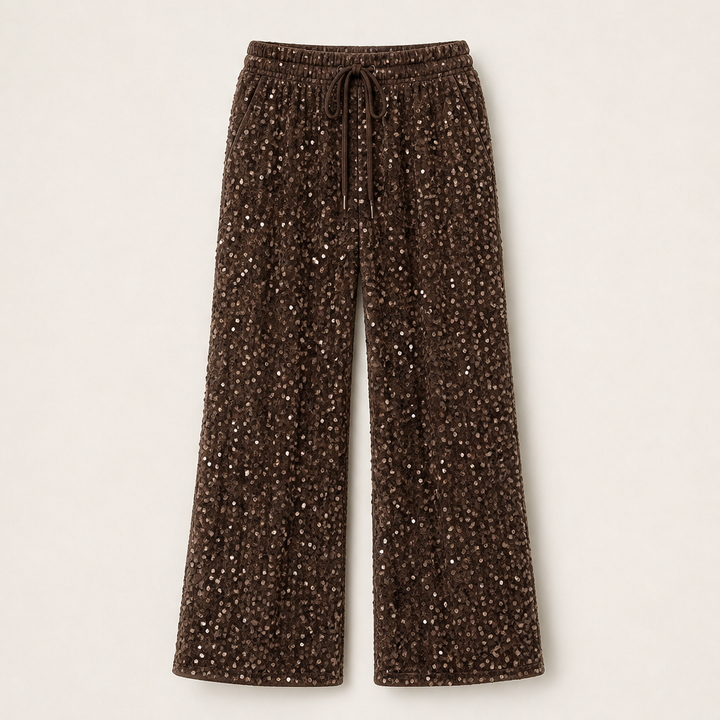 Velvara – Velvet-Backed Sequin Wide-Leg Trousers + 50% OFF Brown
