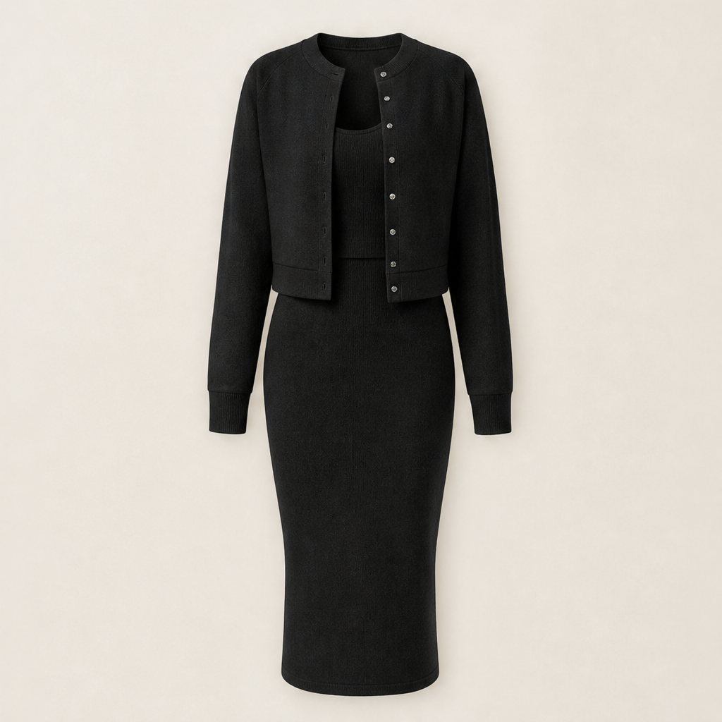 Ambrette – Ribbed Bodycon Dress &amp; Cropped Jacket Two-Piece Set + 50% OFF Black