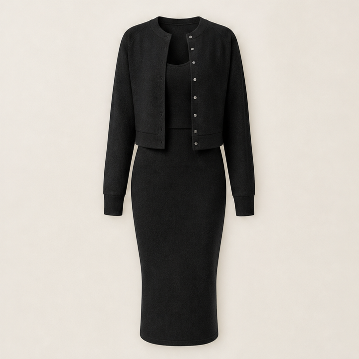 Ambrette – Ribbed Bodycon Dress &amp; Cropped Jacket Two-Piece Set + 50% OFF Black
