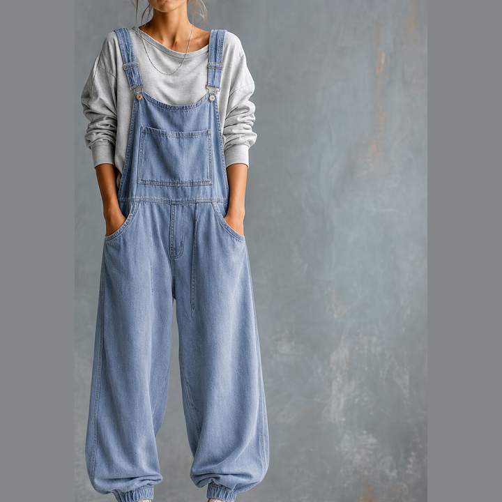 Wanderloom – Oversized Adjustable-Strap Washed Denim Overalls + 50% OFF Light Blue