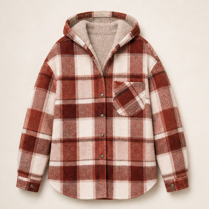 Hearthfold – Cozy Plaid Sherpa-Lined Hooded Jacket + 50% OFF Rust