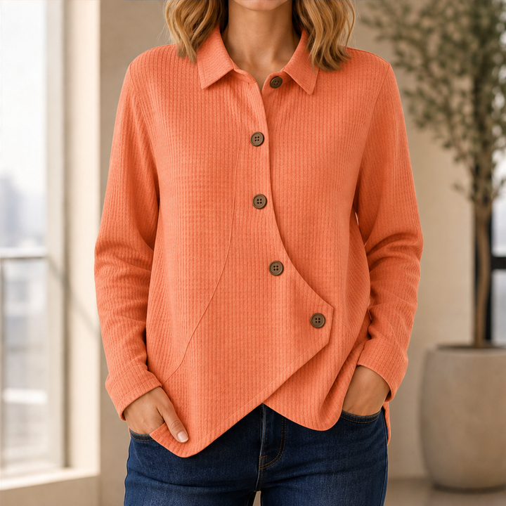 Willowick – Crossover Hem Waffle Knit Button Top + 50% OFF Orange