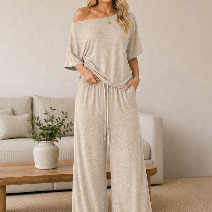 Cloudmere – Off-Shoulder Top &amp; Wide-Leg Pants Lounge Set + 50% OFF Oatmeal