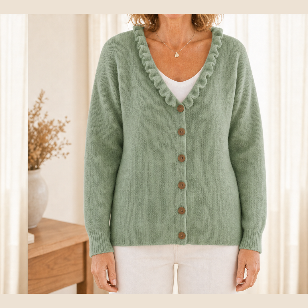 Cozelle – Ruffle Collar Soft Knit Button-Down Cardigan + 50% OFF Sage