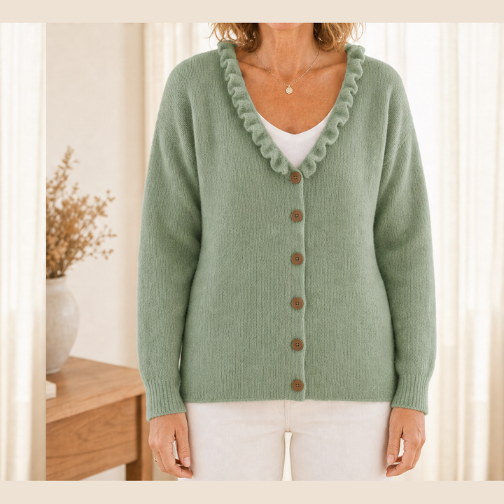 Cozelle – Ruffle Collar Soft Knit Button-Down Cardigan + 50% OFF Sage