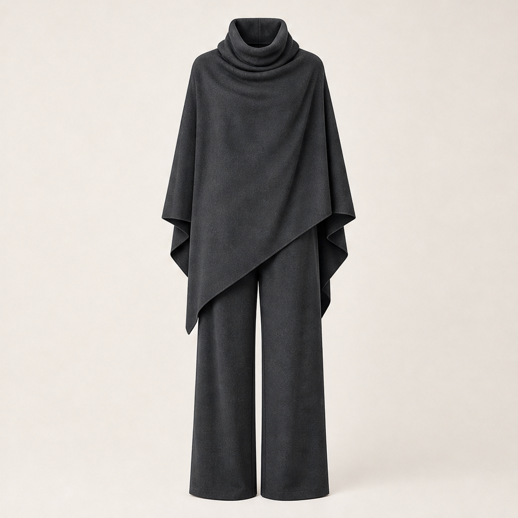 Draperie – Draped Turtleneck Cape &amp; Wide-Leg Pants Set + 50% OFF Grey