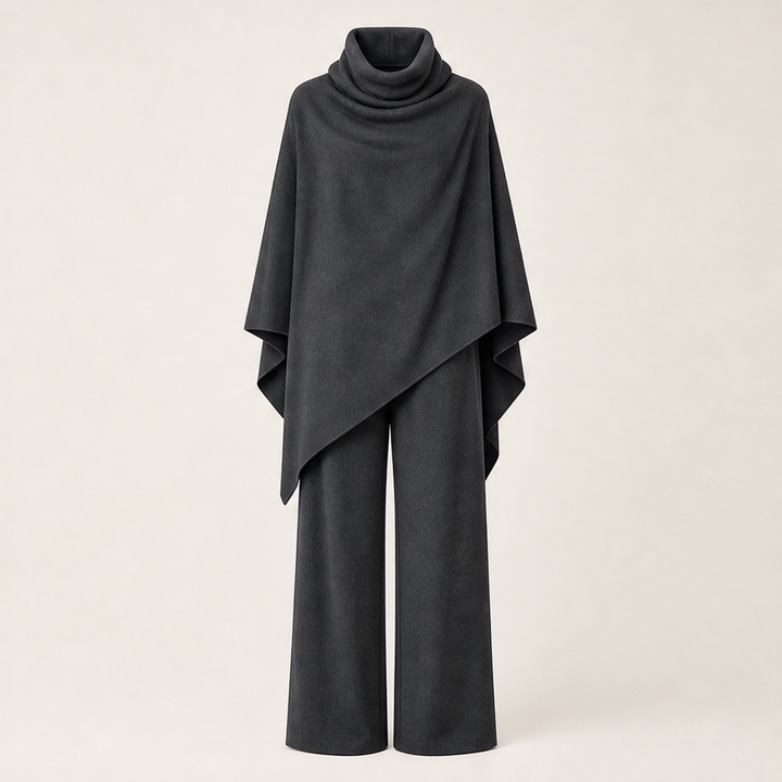 Draperie – Draped Turtleneck Cape &amp; Wide-Leg Pants Set + 50% OFF Grey