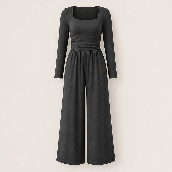 Verawide – Square-Neck Ruched-Waist Wide-Leg Jumpsuit + 50% OFF Grey