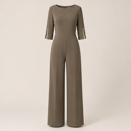 Ashcroft Muse – Beaded Cuff Slim-Waist Wide Leg Jumpsuit Taupe