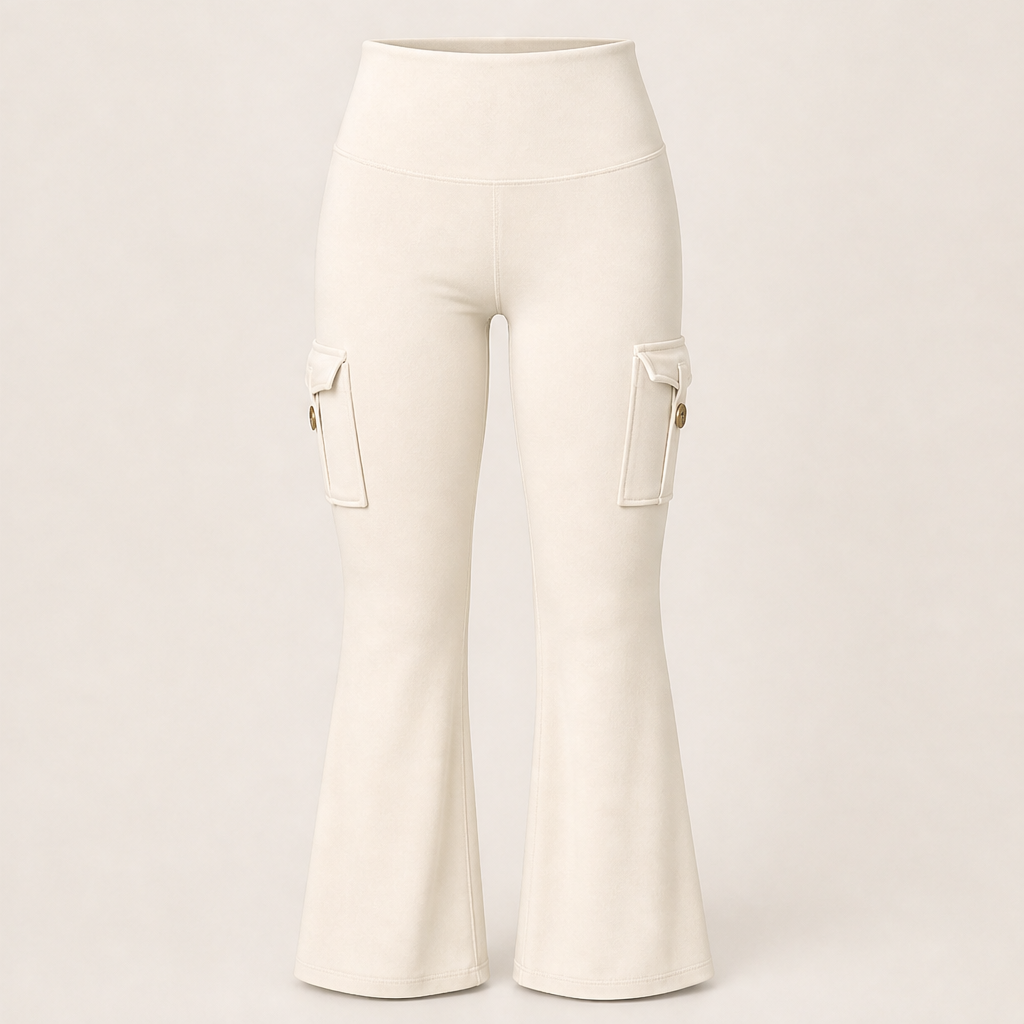Flarelyn – High-Waist Flare Cargo Pocket Yoga Pants + 50% OFF Beige