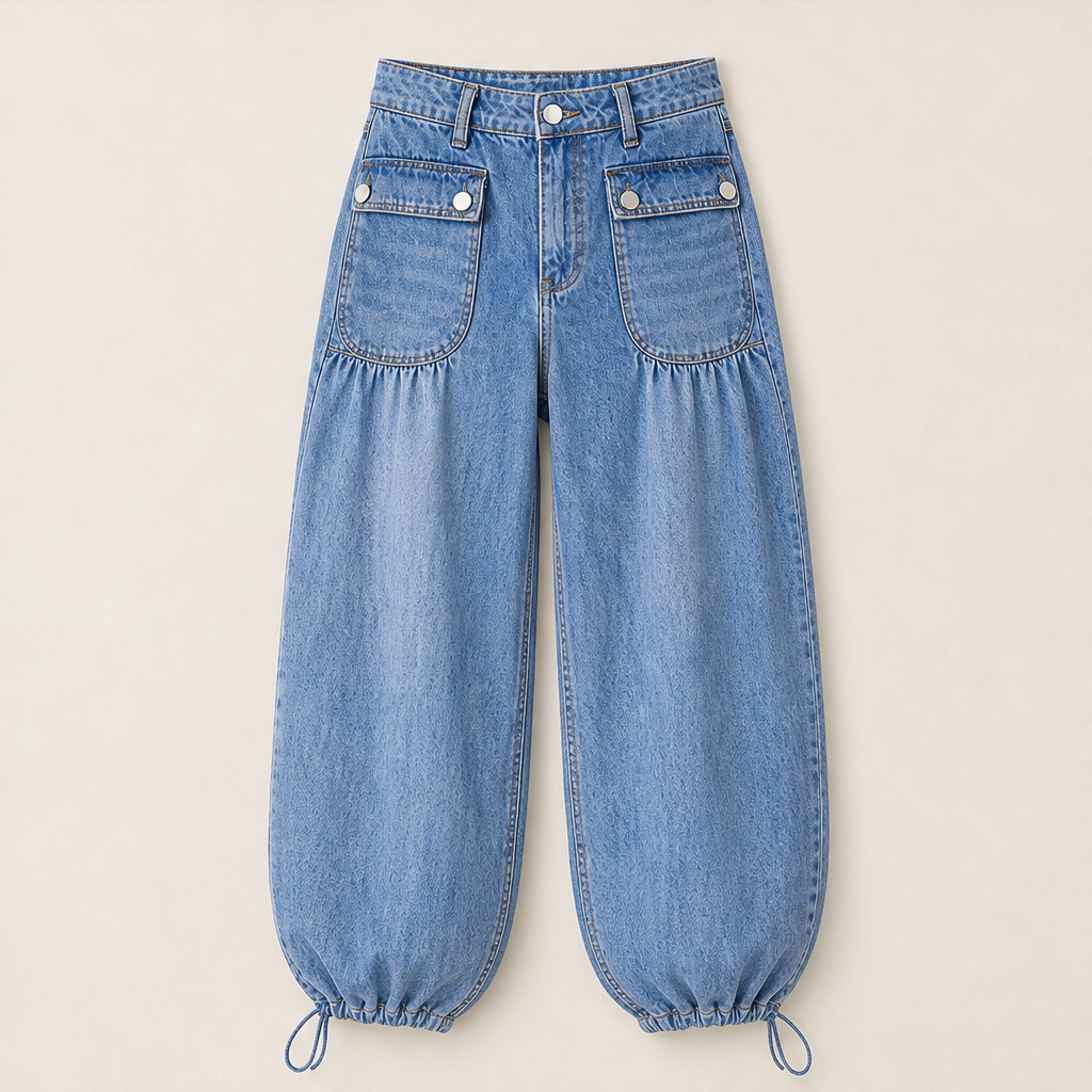 Millrow – Adjustable-Cuff High-Waist Balloon Jeans + 50% OFF Blue