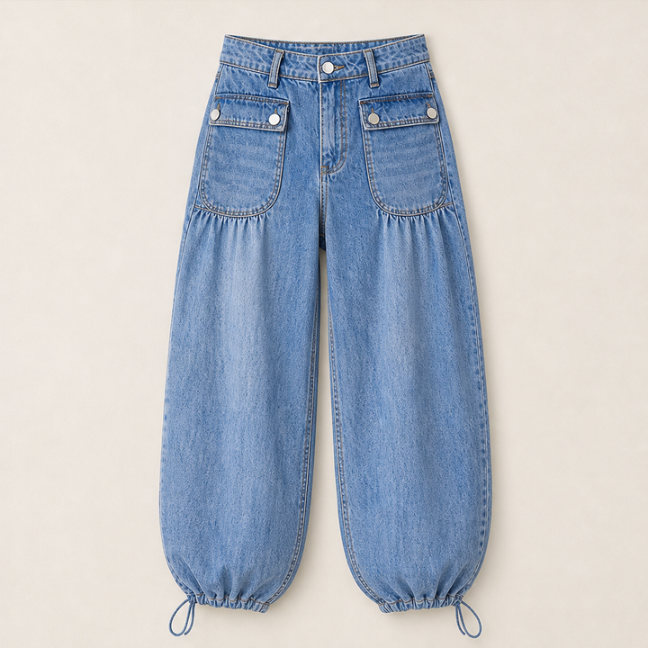 Millrow – Adjustable-Cuff High-Waist Balloon Jeans + 50% OFF Blue