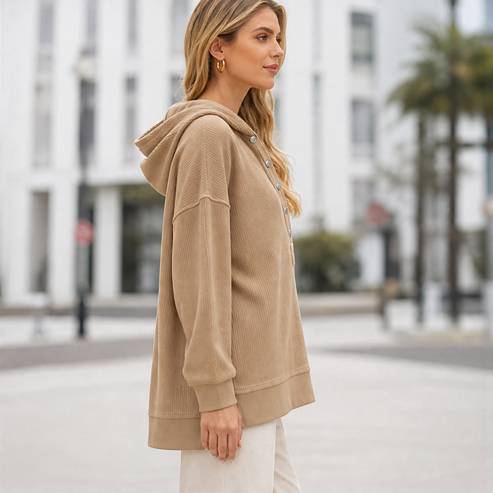 Ribwick – Ribbed Knit V-Neck Hooded Pullover with Side Slits + 50% OFF lifestyle