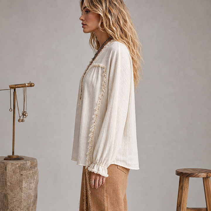 Frayvel – Raw-Frayed Trim Boho Long-Sleeve Shirt + 50% OFF lifestyle
