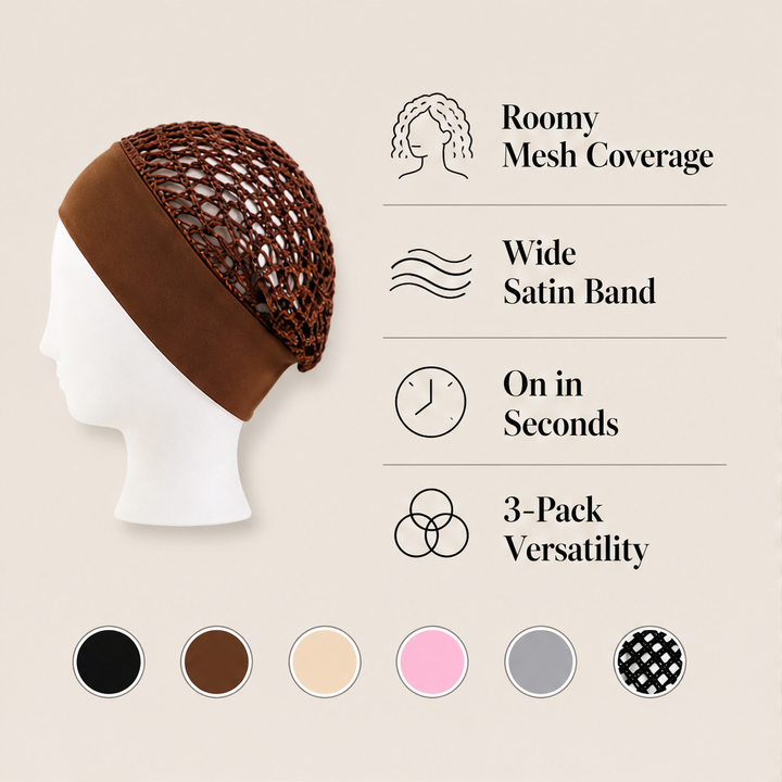 Curlanest – Roomy Mesh 3-Pack Satin-Band Hair Caps for Curls &amp; Braids + 50% OFF features