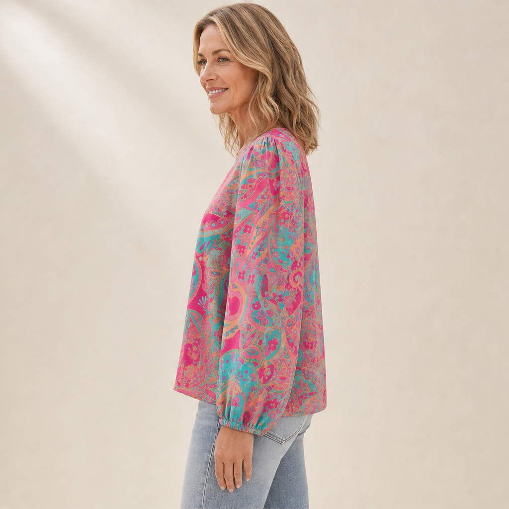 Paisleigh – V-Neck Puff Sleeve Printed Loose Top + 50% OFF lifestyle