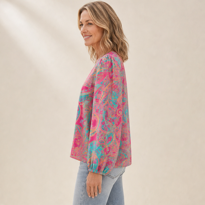Paisleigh – V-Neck Puff Sleeve Printed Loose Top + 50% OFF lifestyle