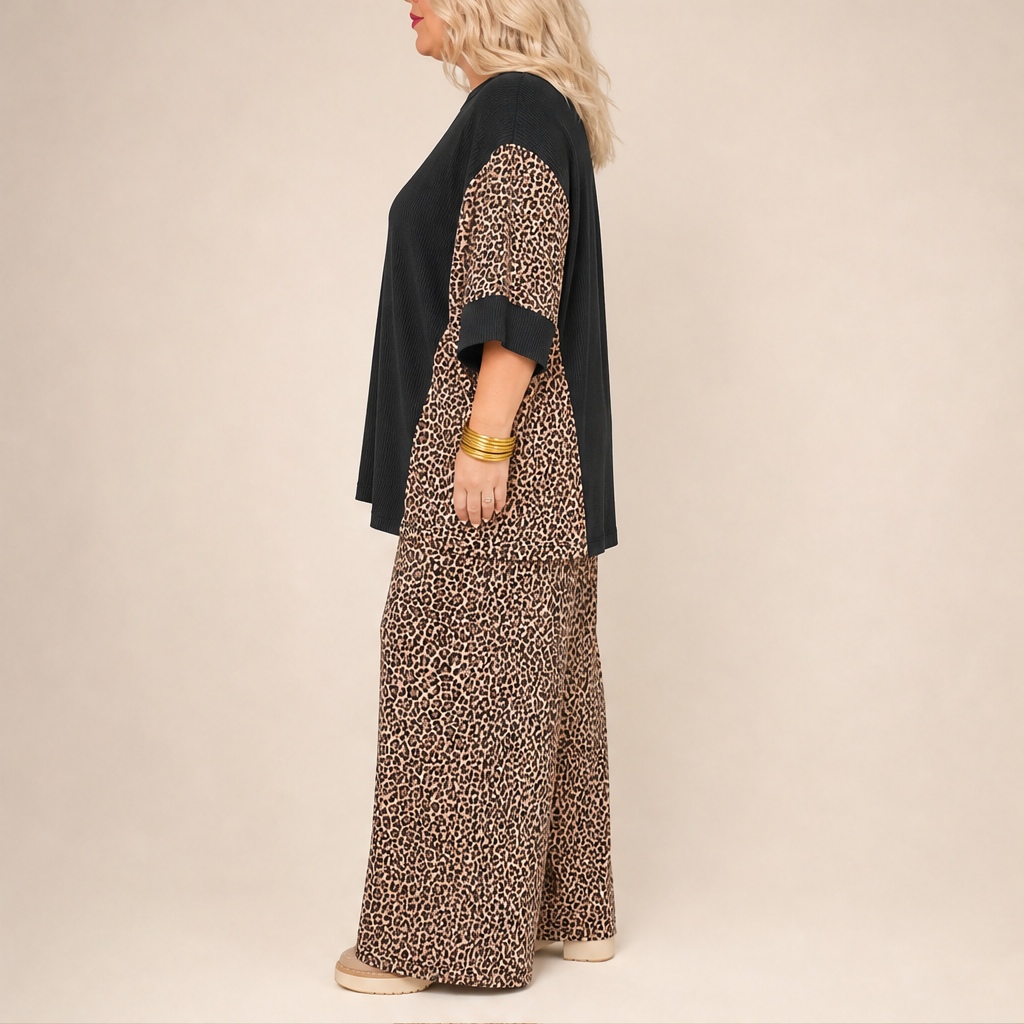 Fauxpelle – Oversized Tunic &amp; Wide-Leg Pants Leopard Two-Piece Set + 50% OFF lifestyle