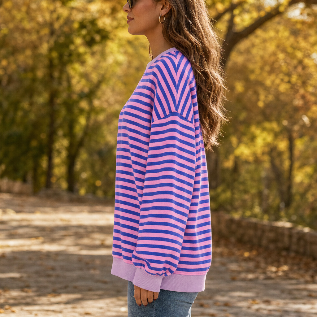 Cozelle – Striped Lantern-Sleeve Oversized Pullover Sweatshirt + 50% OFF lifestyle