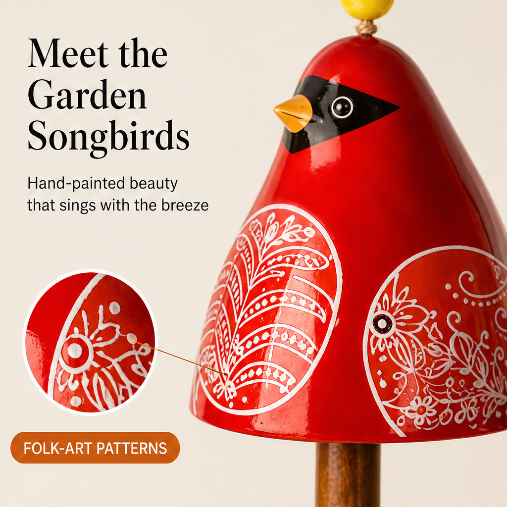 Sparrowbloom – Hand-Painted Folk Art Bird Wind Chime + 50% OFF features