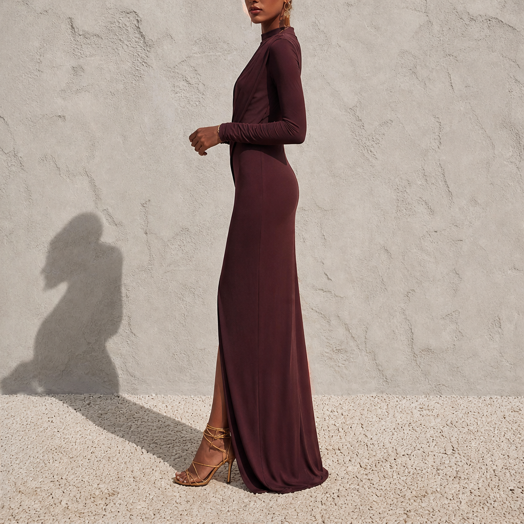 Solvienne – Draped High Neck High Slit Evening Gown + 50% OFF lifestyle
