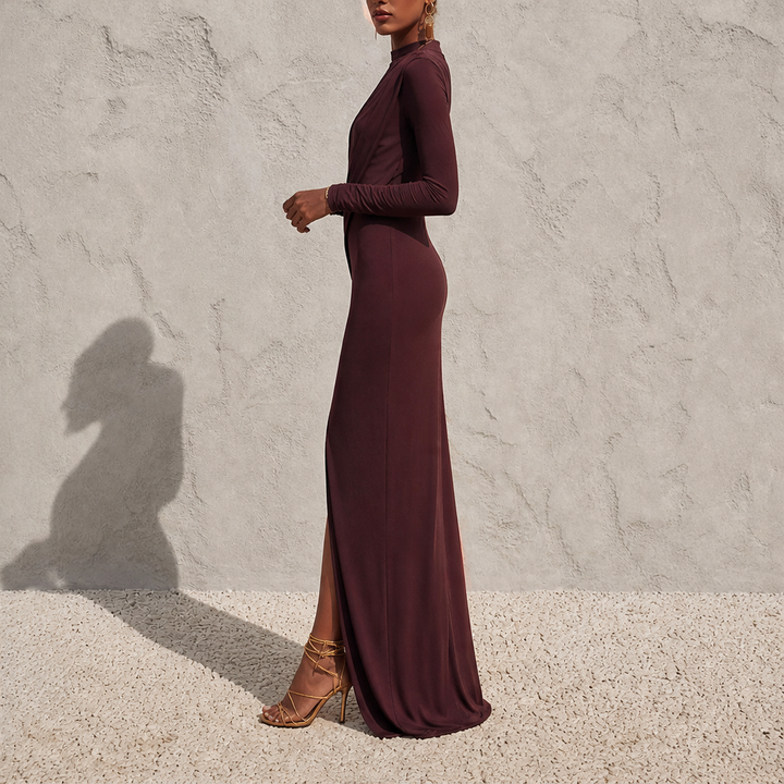 Solvienne – Draped High Neck High Slit Evening Gown + 50% OFF lifestyle