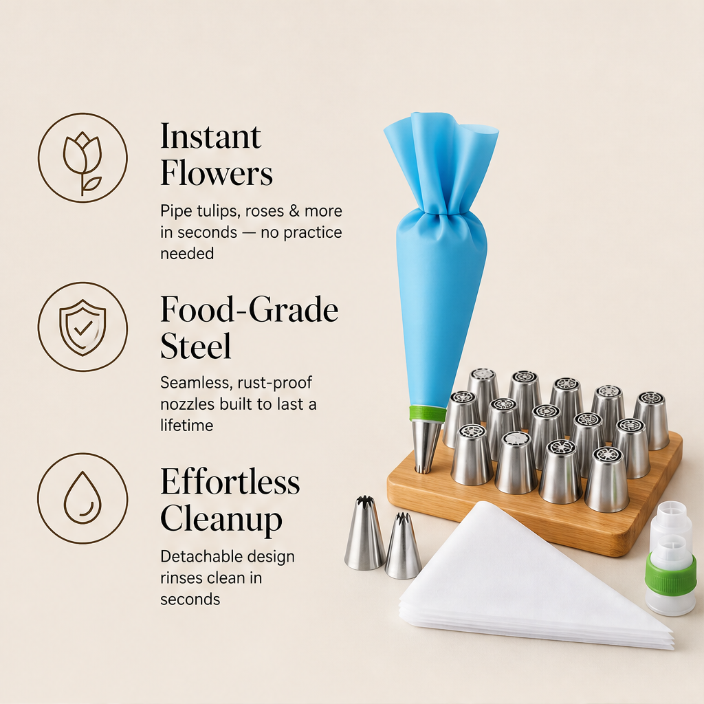 Petalworks – One-Squeeze Russian Piping Tips 27-Piece Baking Set + 50% OFF features