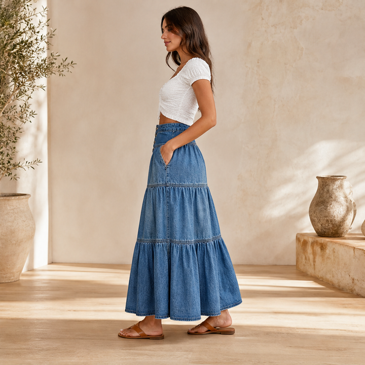 Westbloom – High-Waisted Tiered A-Line Cowboy Denim Maxi Skirt + 50% OFF lifestyle