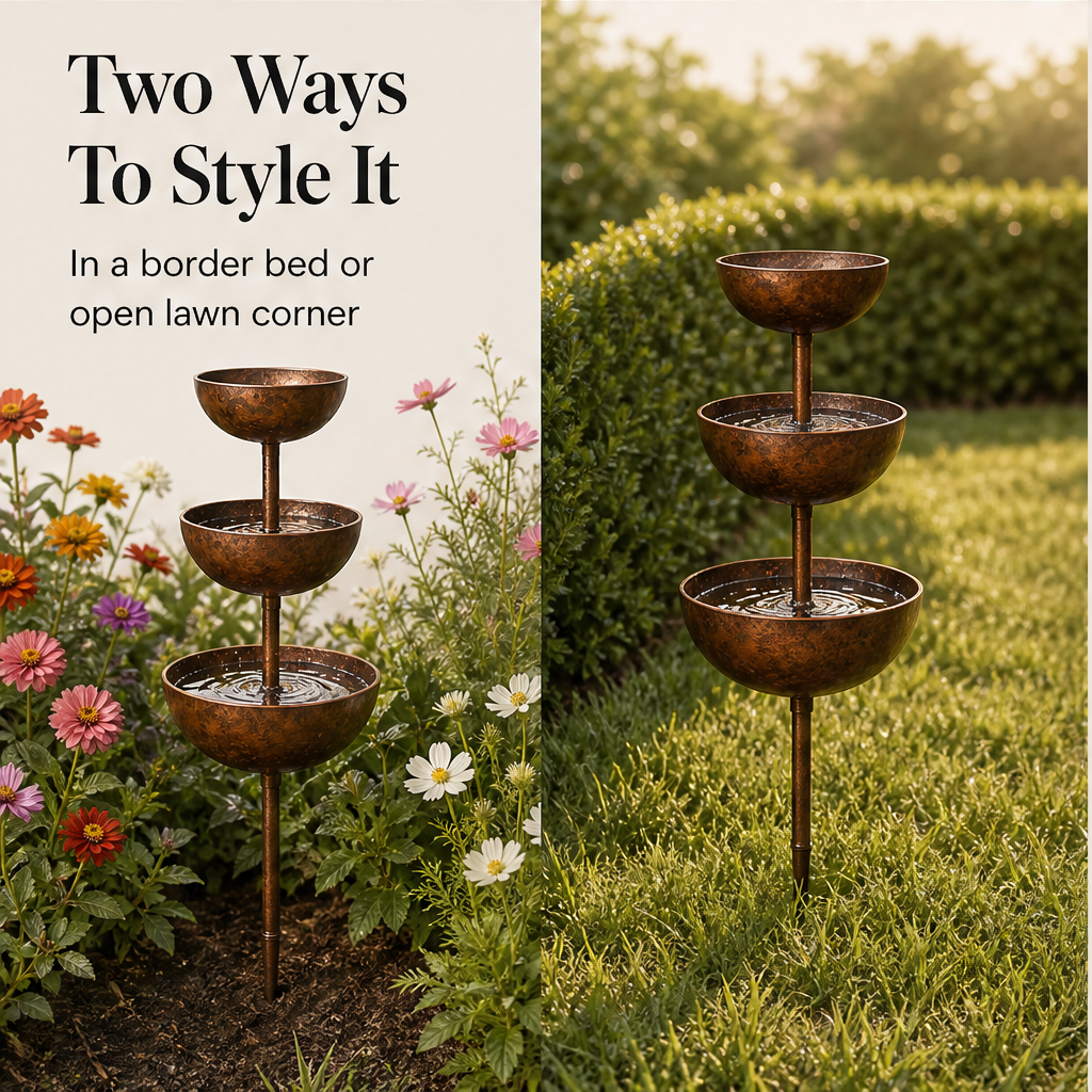Copperbrook – Weatherproof 3-Tier Cascade Bird Bath with Ground Stake + 50% OFF detail