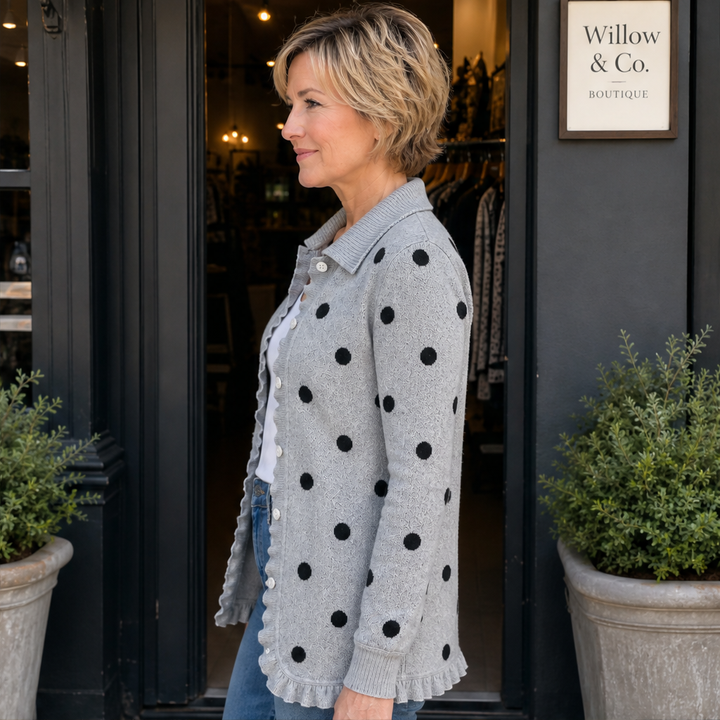 Marlowick – Ruffle Trim Polka Dot Knit Cardigan + 50% OFF lifestyle