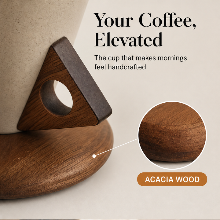 Acorra – Conical Ceramic Coffee Cup with Wood Handle &amp; Base + 50% OFF features
