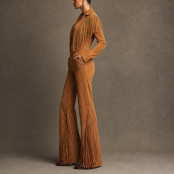 Sagebrush – Western Fringe Faux Suede Zip-Up Jumpsuit + 50% OFF lifestyle