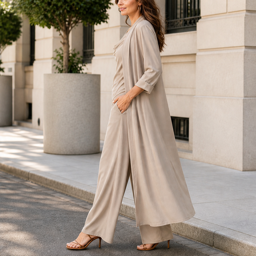 Cowlden – Draped Cowl Top, Wide-Leg Pants &amp; Long Cardigan 3-Piece Set + 50% OFF lifestyle