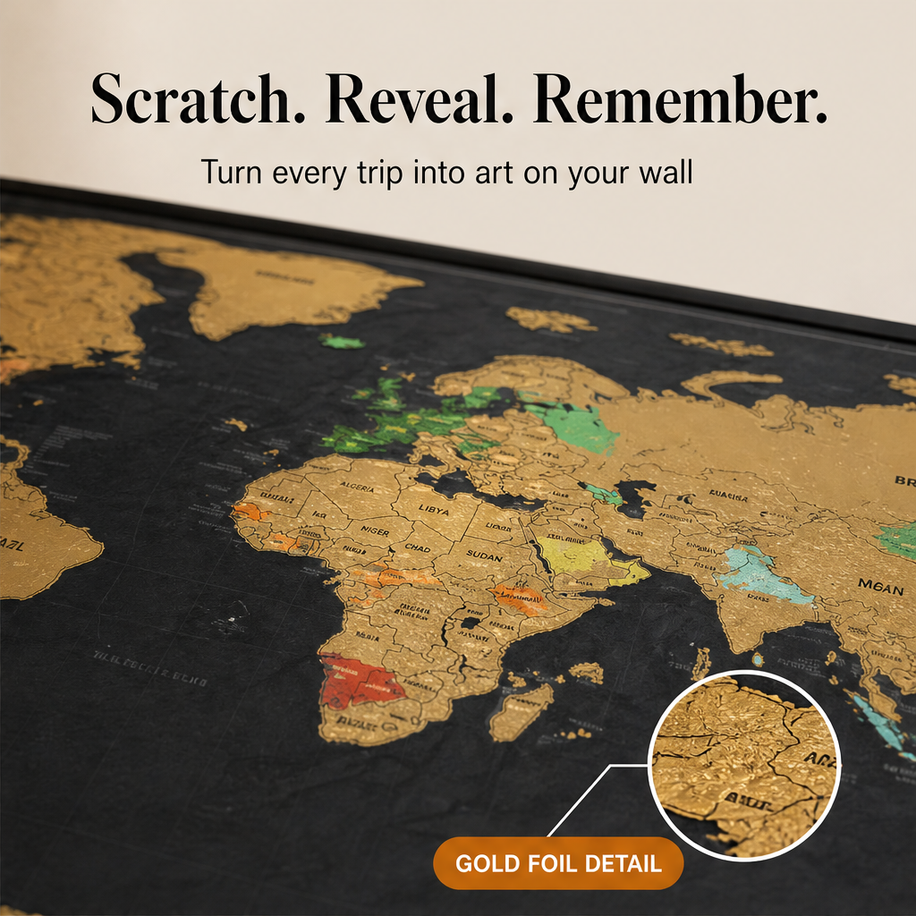 Wanderfoil – Gold Foil Scratch-Off World Map Travel Wall Art + 50% OFF features