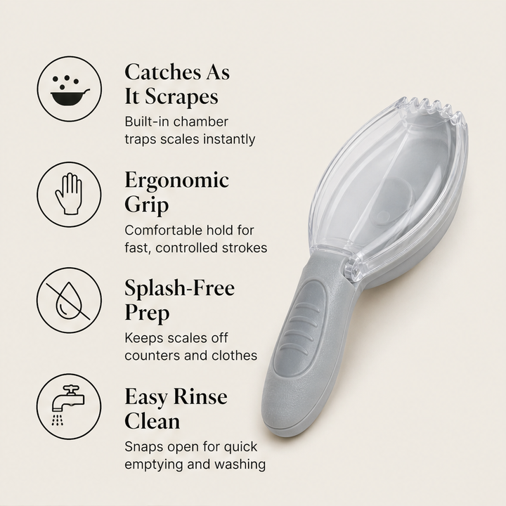 Scalewick – Mess-Free Serrated Fish Scale Scraper with Catch Chamber + 50% OFF features