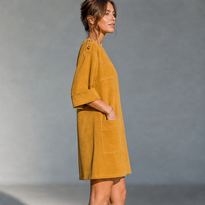 Suedona – Buttoned Shoulder Faux Suede Mini Dress with Pockets + 50% OFF lifestyle