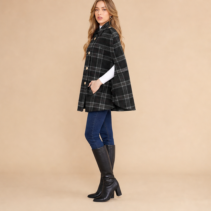 Camryn Hale – Plaid Statement-Button Cape Coat + 50% OFF lifestyle
