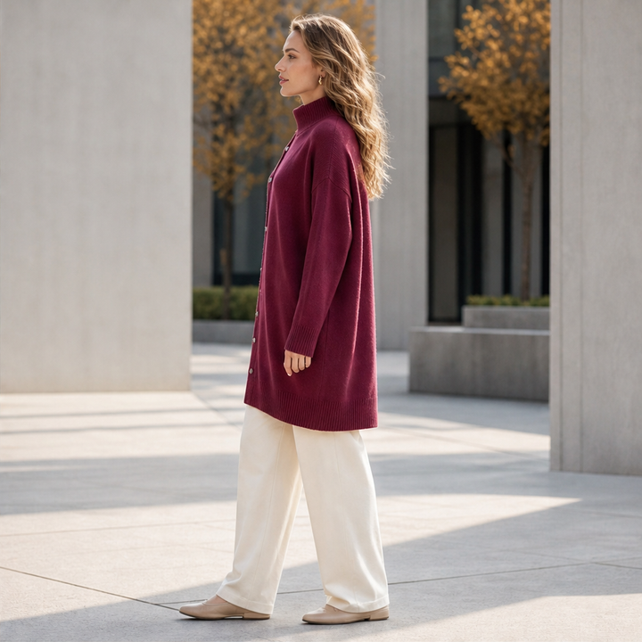 Millbron – Oversized Turtleneck Cardigan with Asymmetrical Buttons + 50% OFF lifestyle