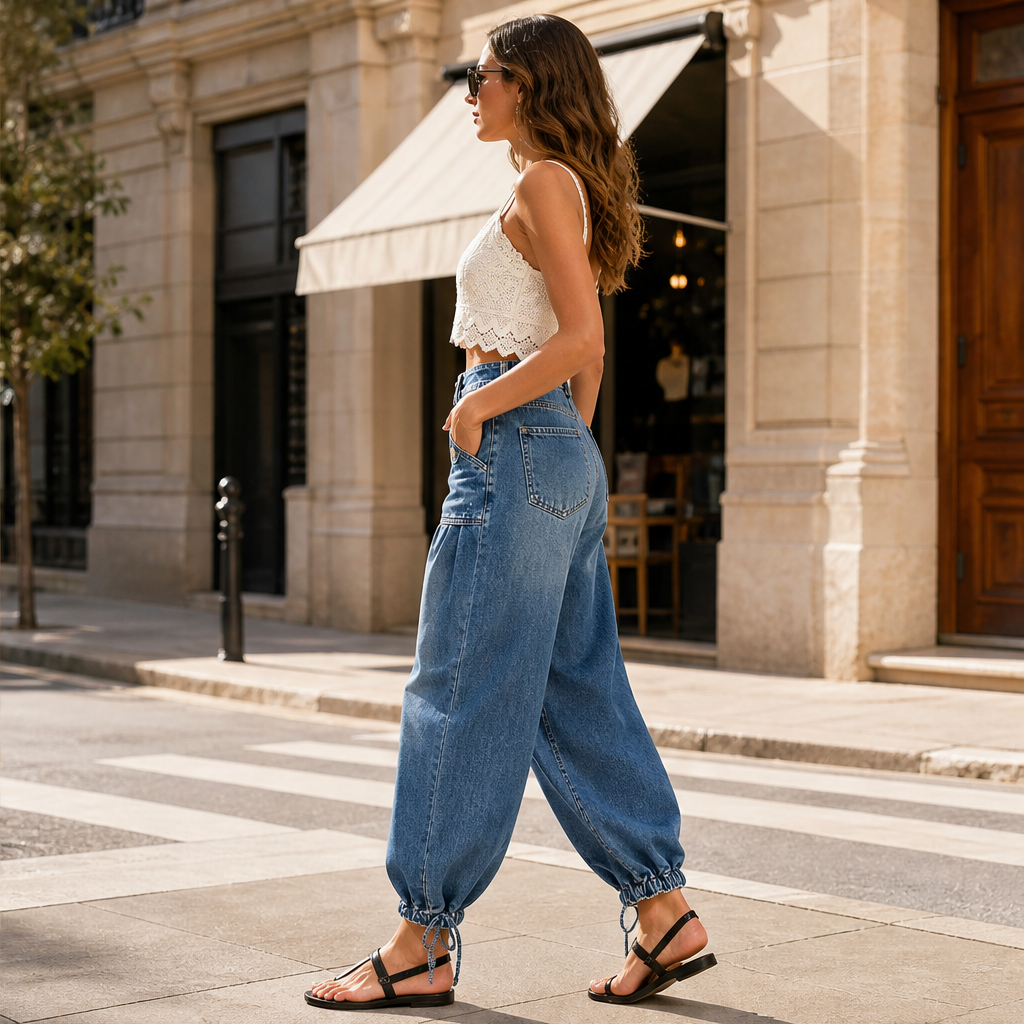 Barrelune – High Waisted Stretch Barrel Jeans with Tie Ankle Hem + 50% OFF lifestyle