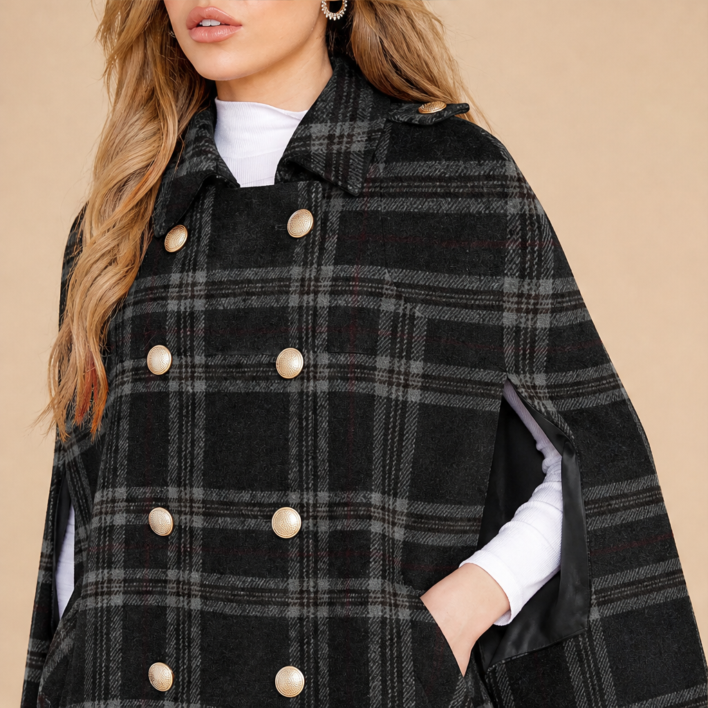 Camryn Hale – Plaid Statement-Button Cape Coat + 50% OFF lifestyle