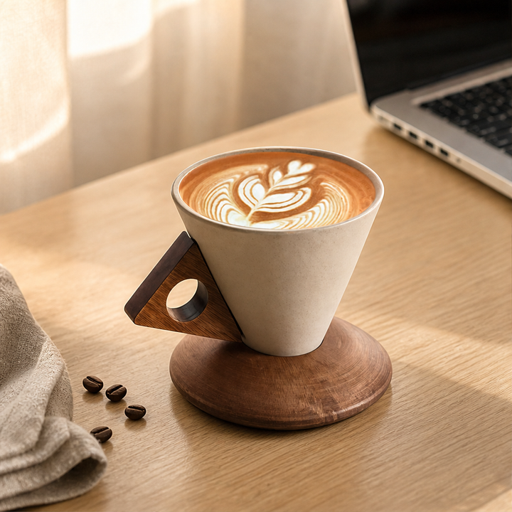 Acorra – Conical Ceramic Coffee Cup with Wood Handle &amp; Base + 50% OFF lifestyle