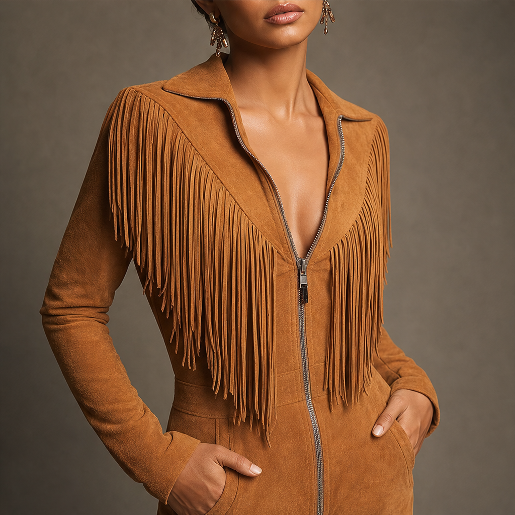 Sagebrush – Western Fringe Faux Suede Zip-Up Jumpsuit + 50% OFF lifestyle